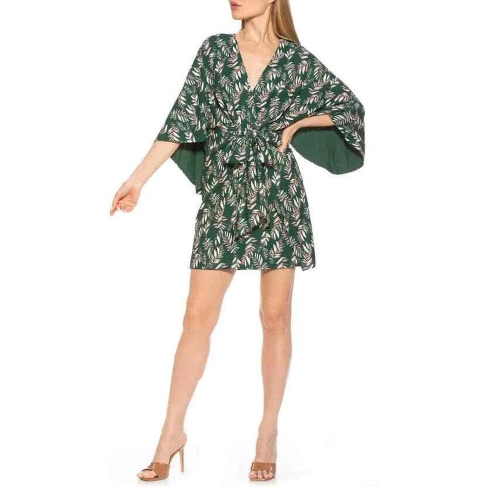 ALEXIA ADMOR Green Palm Dania Surplice Draped Sleeve Dress Size 6